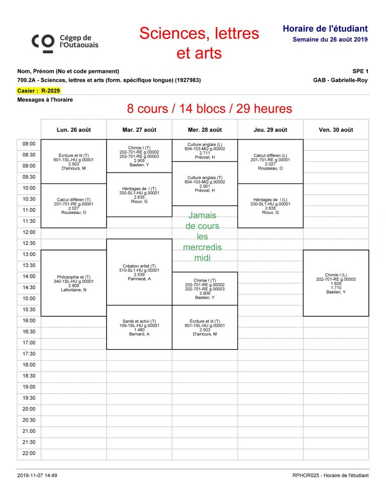 Exemples d’horaires au cégep Table Éducation Outaouais